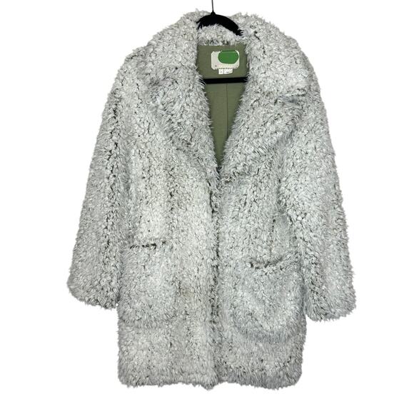 By Anthropologie Long Faux Fur Coat S Green White Abstract Apres Ski Whimsigoth